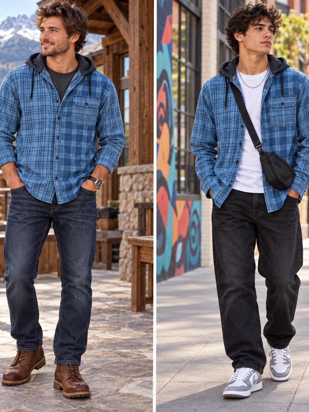 American Eagle Super Soft Plaid Hooded Shirt Men’s Large Blue Cotton